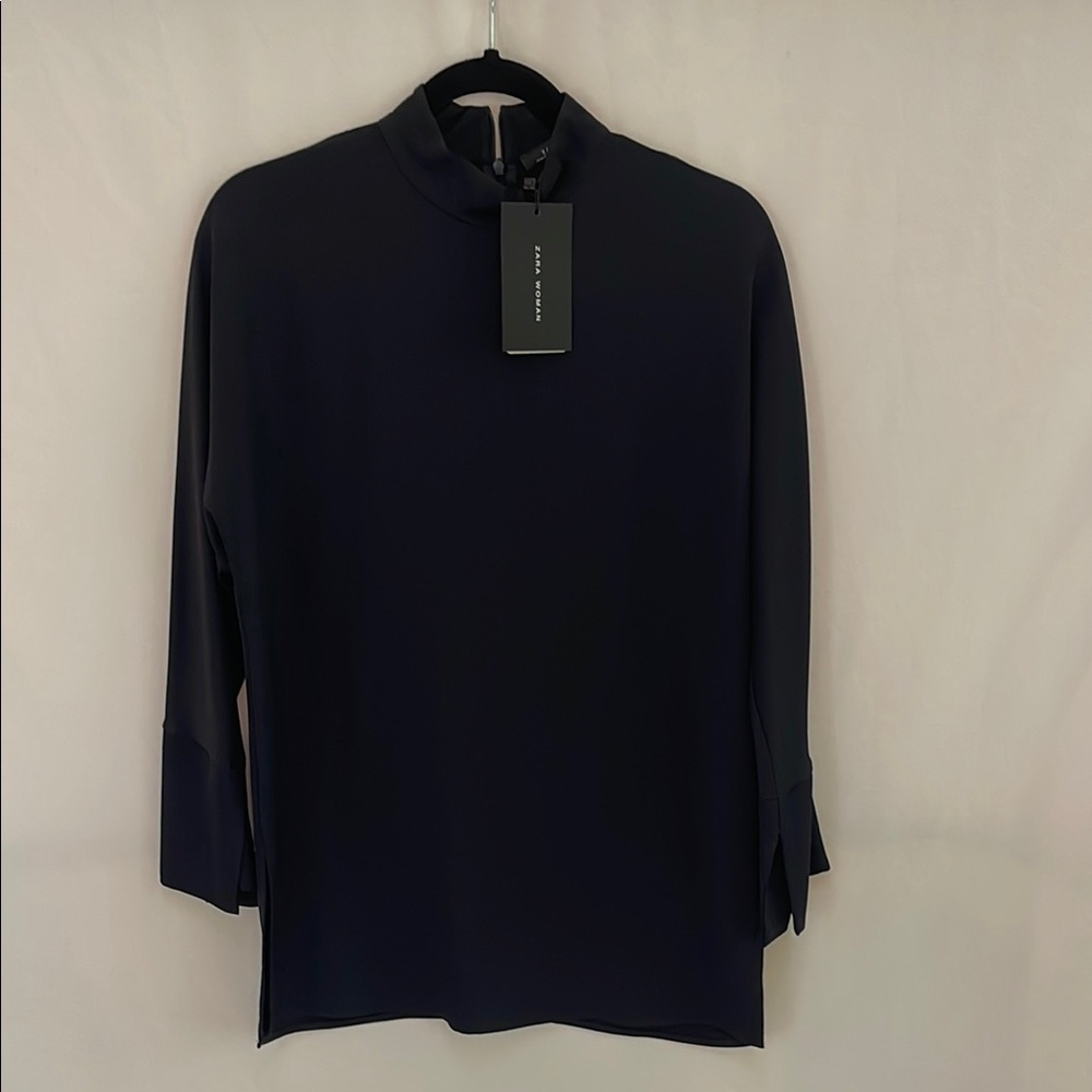 Zara Blue Boxy Blouse with Mandarin Collar